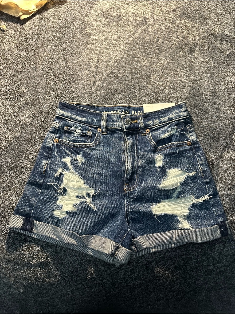 American Eagle Outfitters Dark Blue Distressed High-Waist Denim Mom Shorts